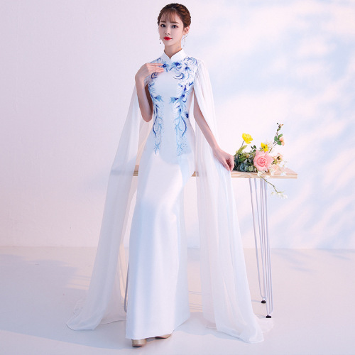 Women Chinese dress chite qipao dress singers performance Cheongsam white chorus retro dress Dress Embroidery show cheongsam