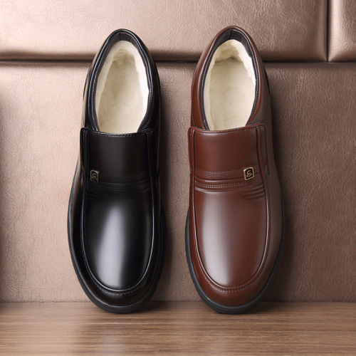 Winter men's dad cotton shoes, middle-aged and elderly men's plus velvet warm casual leather shoes, non-slip slip-ons, thick plush velvet men's shoes