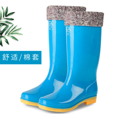 Manufactor Direct selling Shanghai brand Shuangqian Water shoes Plush Miantao Ladies High cylinder Boots fashion Generous plastic cement Rain shoes