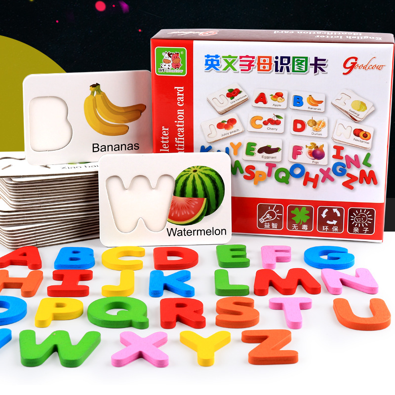 Rompecabezas de aprendizaje para niños de madera letras inglesas Tarjeta de reconocimiento de imagen bebé multifuncional juego educativo para niños bloques de construcción juguete