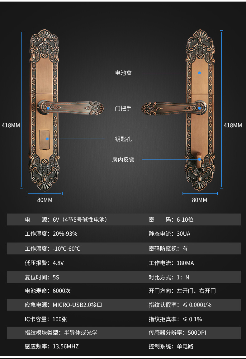 黑将军中山产地货源欧式古典别墅智能锁大门电子锁防盗门指纹锁