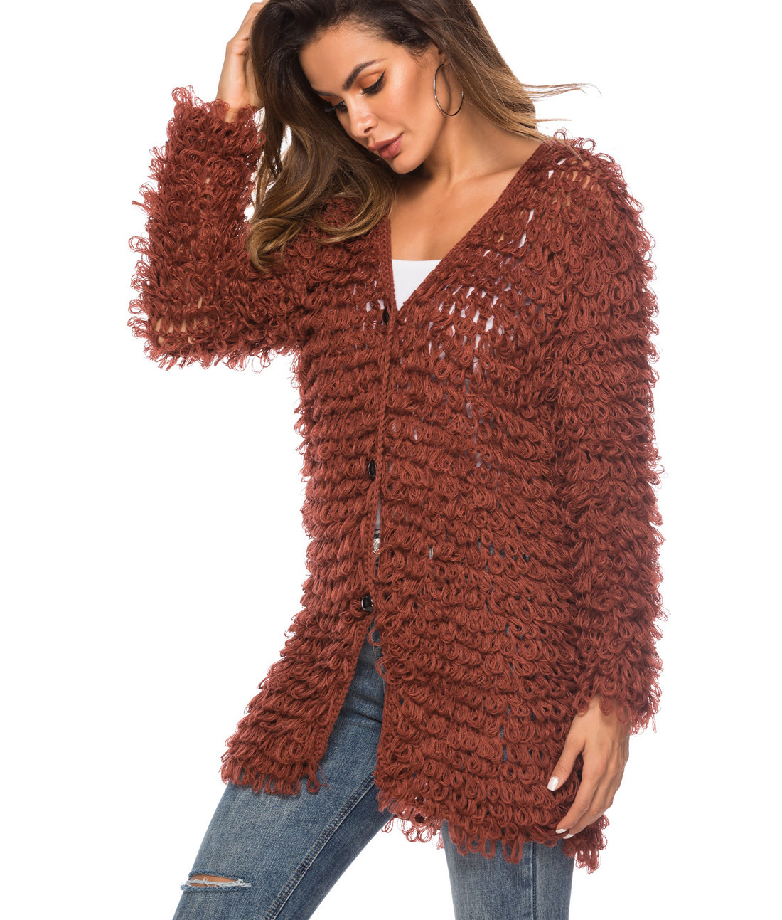 2019新款秋冬款跨境毛衣手勾针织圈圈毛中长款针织衫毛衫女