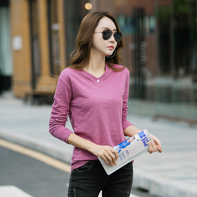 2018春秋季新款純棉長袖t恤女寬松打底衫韓版純色百搭竹節棉上衣