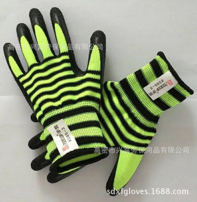 春夏透气尼龙皱纹浸胶工作手套耐磨防滑内销出口劳保手套全国批发