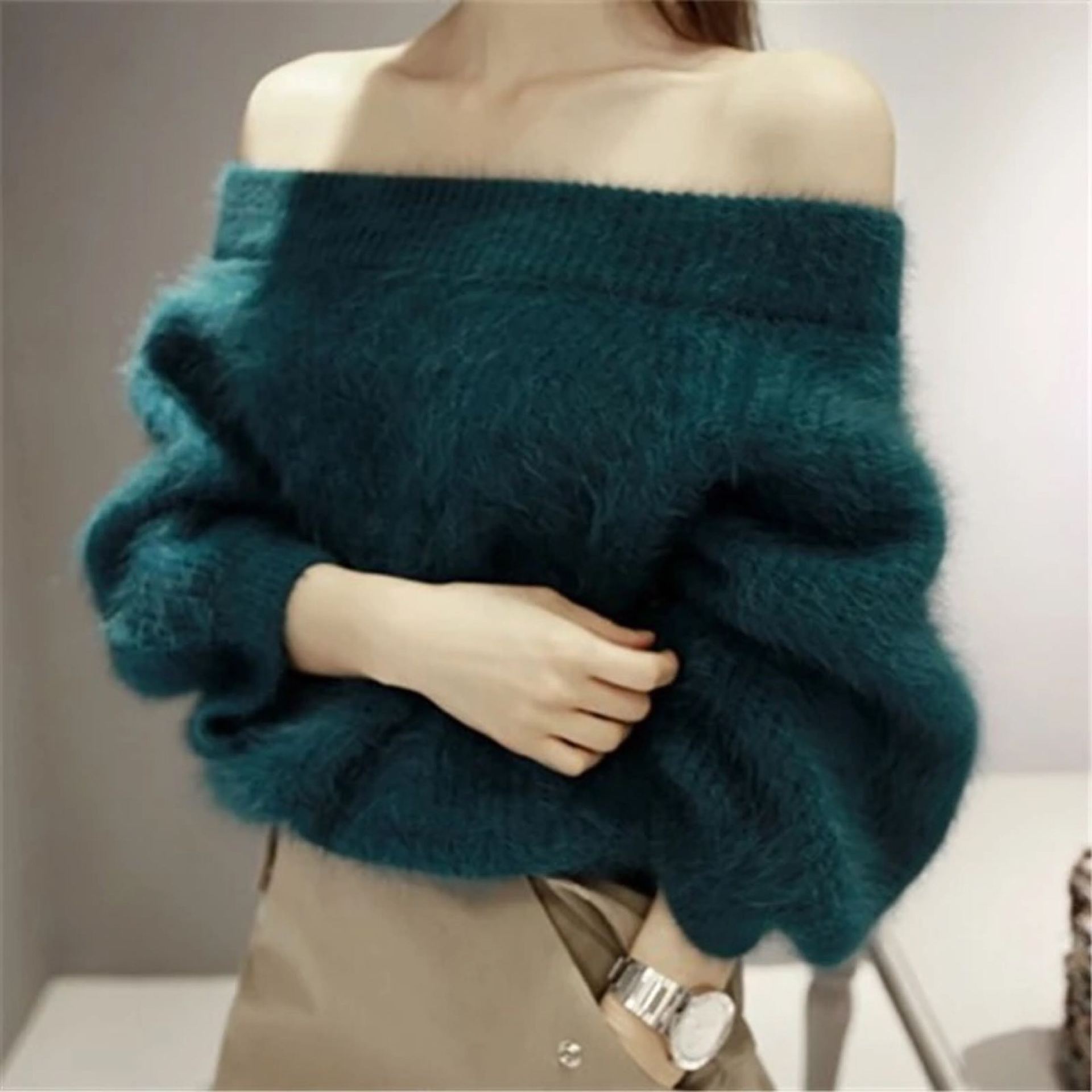 秋冬慵懒风时尚性感加厚套头宽松大码一字领毛衣女露肩短款女装|ru