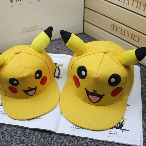 Spring and Summer Flat Brim Hip-Hop Hat for Children, Cartoon Pikachu Flat Brim Hat, Parent-Child Style Fashion Street Dance Trendy Hat, Wholesale