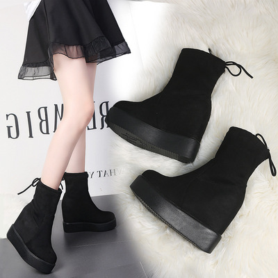 2018厚底坡跟短筒女靴秋冬新款系带松糕马丁靴