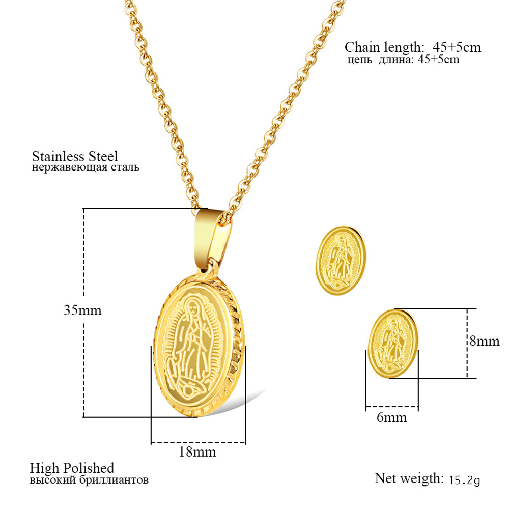 fashion titanium steel Virgin Mary oval pendent necklace earrings set wholesale Nihaojewelry
