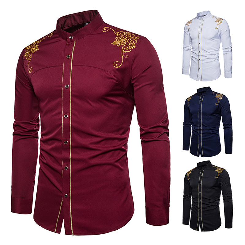 Sumitong new men's court embroidery slim long sleeve shirt men's spring and autumn casual shirt European inch shirt