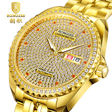 瑞士钢带防水新款金色镂空机械表 双日历男表 高品质商务男士手表