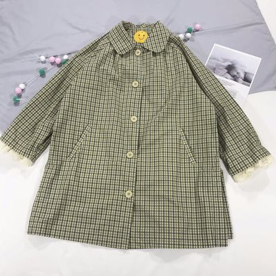 日系小清新森女绿色格子娃娃领袖口花边拼接长款外套风衣学生女