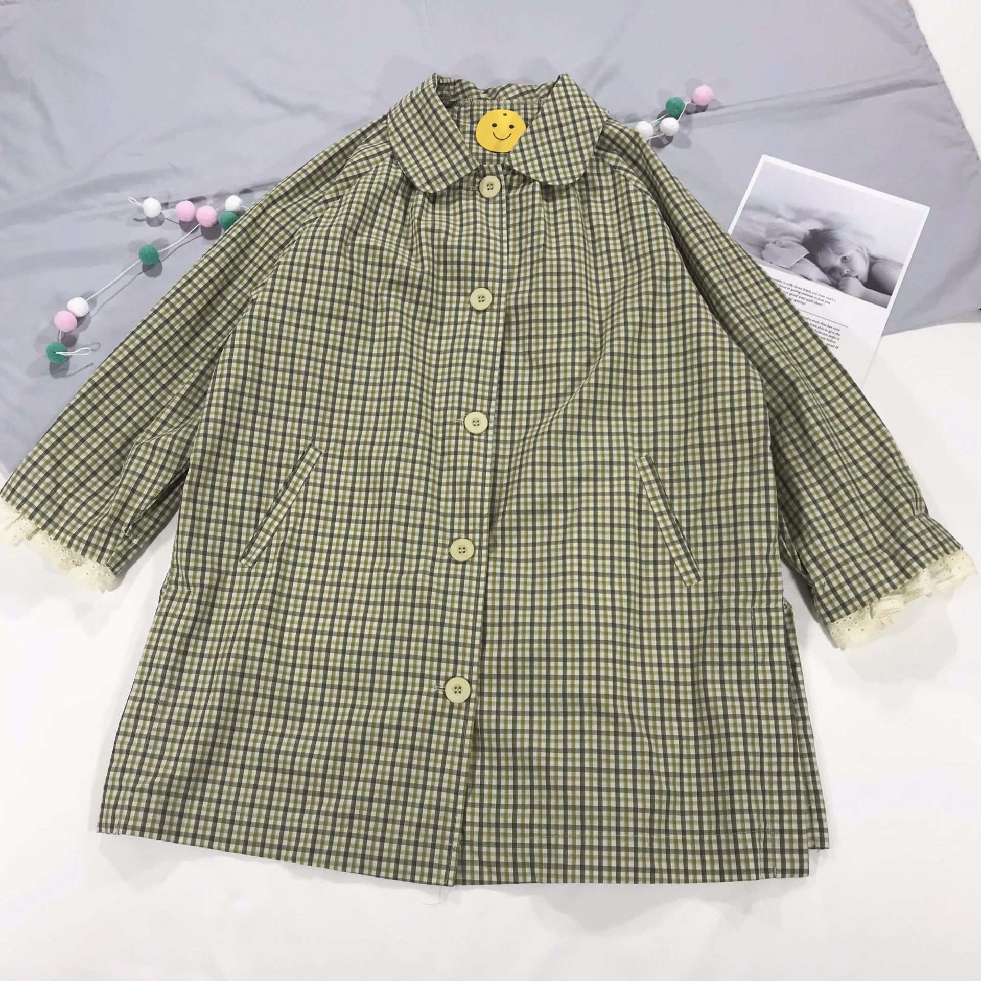 日系小清新森女绿色格子娃娃领袖口花边拼接长款外套风衣学生女