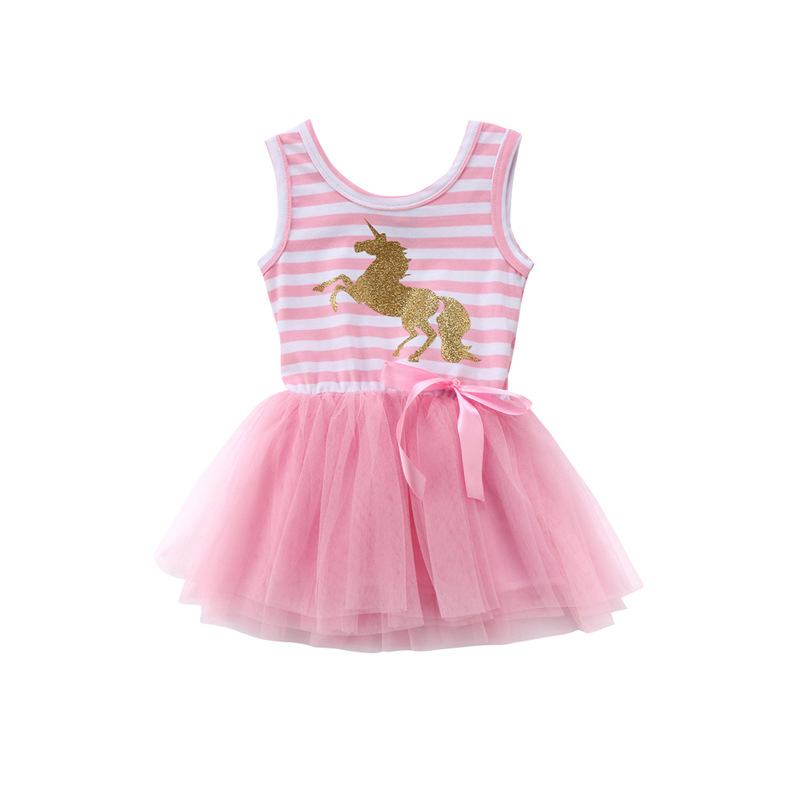 2019夏季女童连衣裙 ins爆款童装 独角兽印花无袖网纱蓬蓬连衣裙