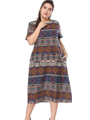 Cross border Specifically for Europe and America Large Women's wear Bohemia Ethnic style Cotton and hemp printing Dress 8916