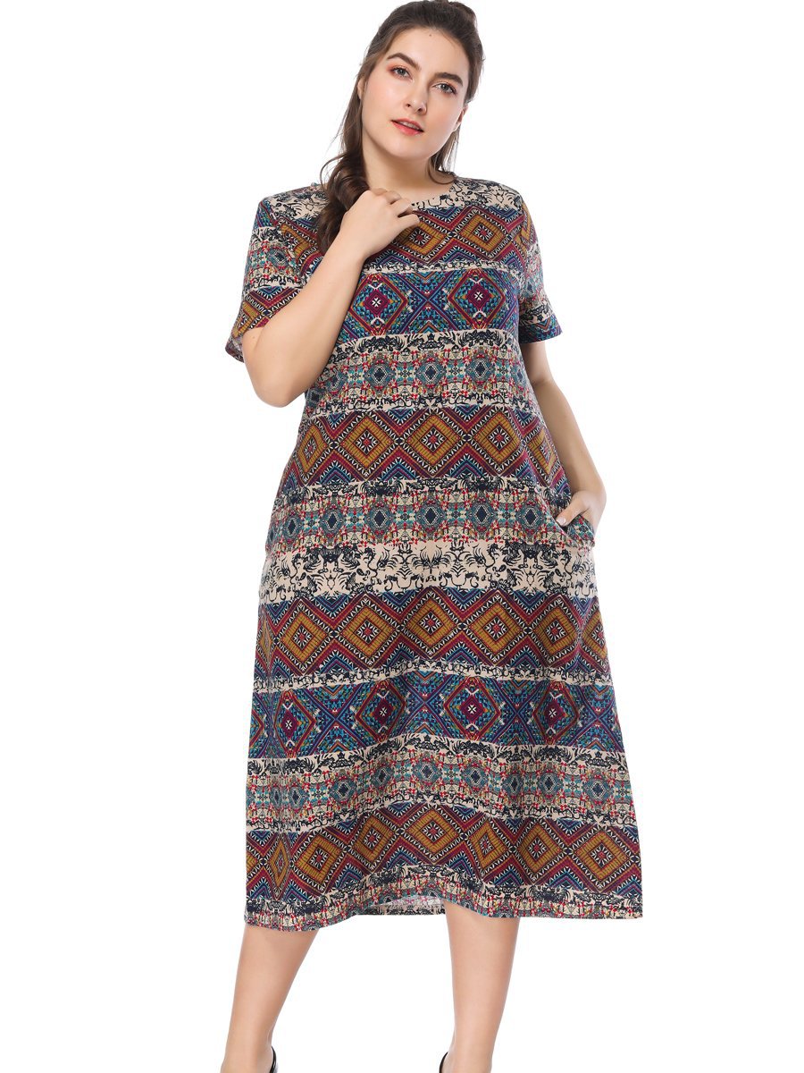 Cross border Specifically for Europe and America Large Women's wear Bohemia Ethnic style Cotton and hemp printing Dress 8916