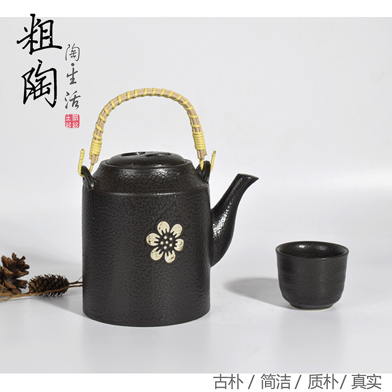 创意粗陶茶具日式花茶壶套装 特色手工黑色凉水老式竹提梁壶水|ru