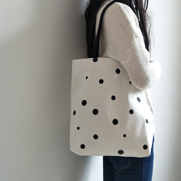 Super lindo Polka Dot simple de un solo hombro bolsa de lona estilo universitario estudiante bolsa de compras para las mujeres
