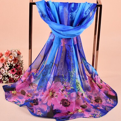 跨境货源春季新品渐变花卉雪纺印花丝巾女长款纱巾防晒披肩多用巾|ms
