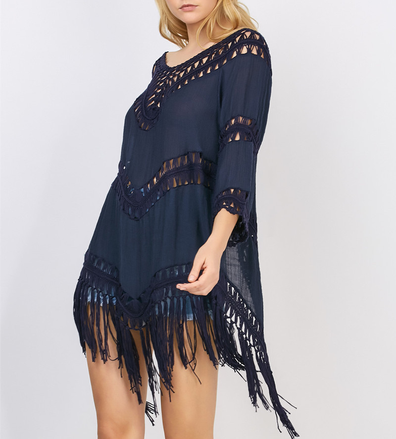 2018亞馬遜速賣通爆款流蘇沙灘防曬開衫手鉤針織鏤空比基尼罩衫