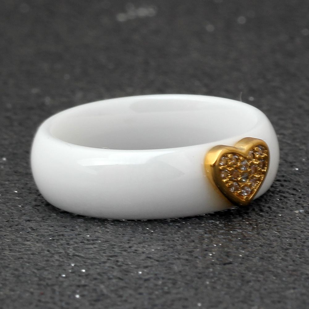 Simple Ceramic Micro Inlaid Zircon Heart-Shaped Black White Titanium Steel Ring