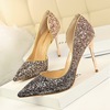 European and American high heel shallow mouth pointed sexy nightclub show thin color gradient color matching Sequin side