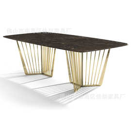 不锈钢镀金餐桌 现代简约大理石餐桌 长方形桌子1033