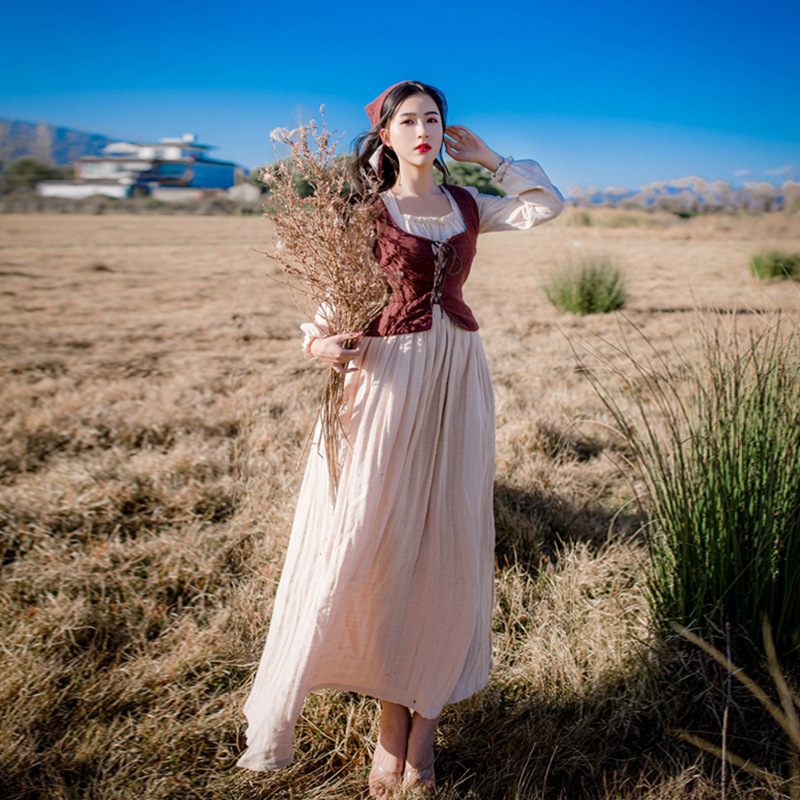 Retro cotton and linen dress vest two-piece set ranch pastoral travel long dress 2023 autumn and winter women's clothing foreign trade Wholesale