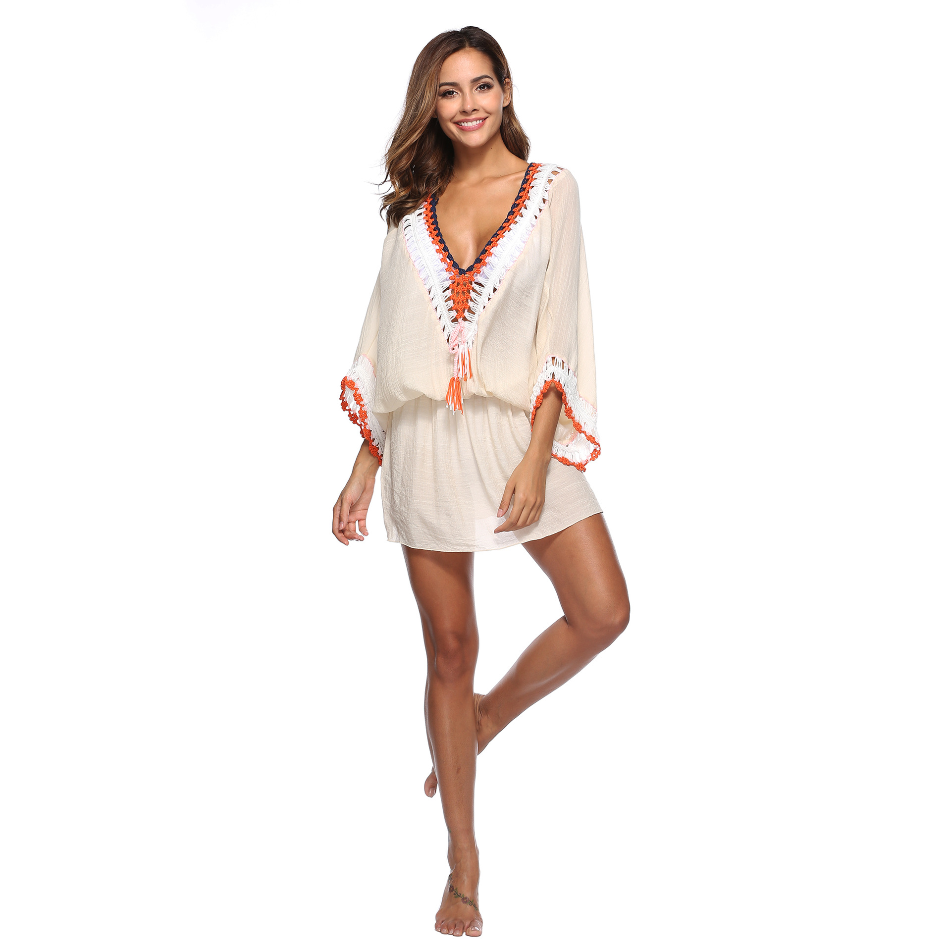 Hand Crocheted Beach Dress V Neck Batwing Sleeves Irregular Hem Sun Protection Cover Up Wholesale Available