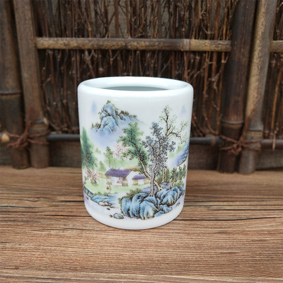 陶瓷笔筒logo定制 圆形直身雪景山水文房笔筒摆件|ru