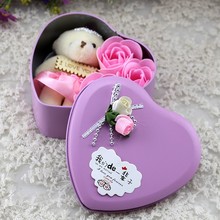 心形铁盒装三朵小熊香皂花 可爱玫瑰花情人节礼物生日礼品送女友