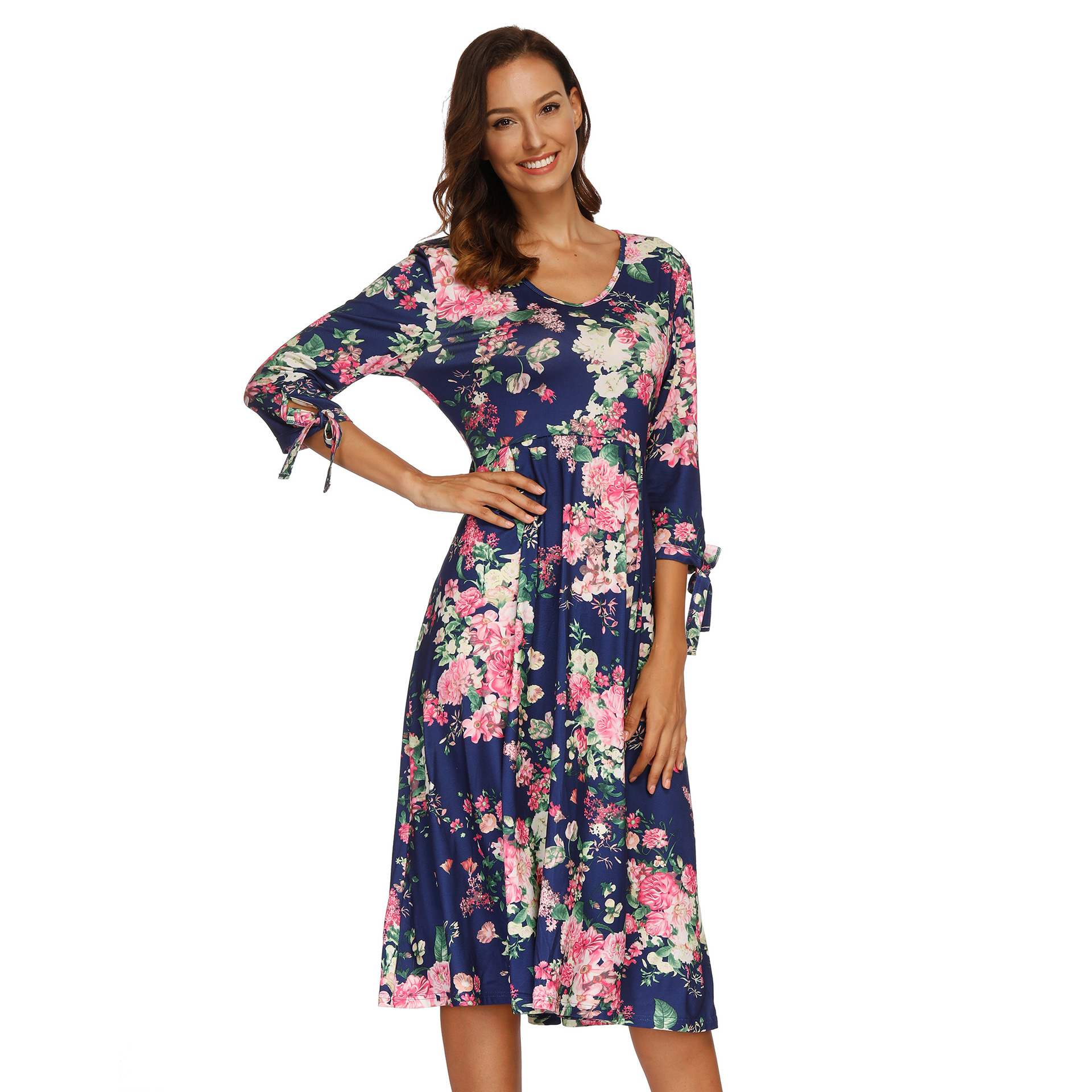 Autumn and winter new V-neck flower print big swing dress NSOY28478