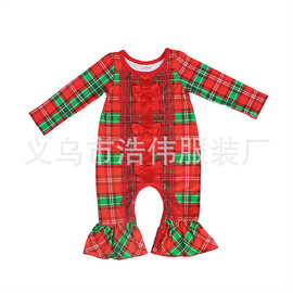 欧美外贸新款女童红绿格子圣诞节长袖爬爬服 婴幼儿节日连衣裤