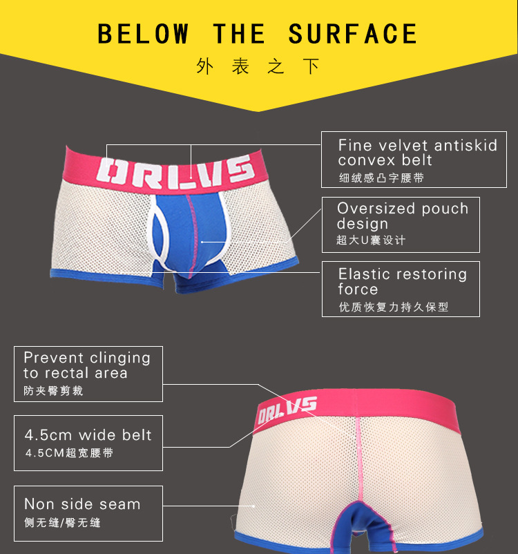 ORLVS foreign trade source cotton plalic mesh men's underwear sexy breathable four-corner pants men's OR156 5 undefined