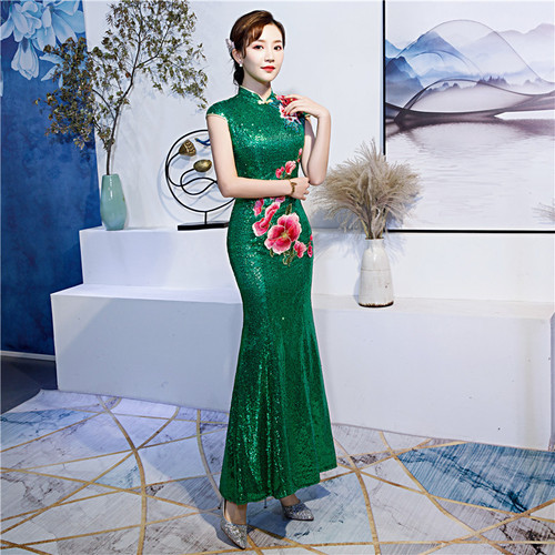 Women sequined Chinese dresses host singers performance Cheongsam miss etiquette fishtail character lady cheongsam