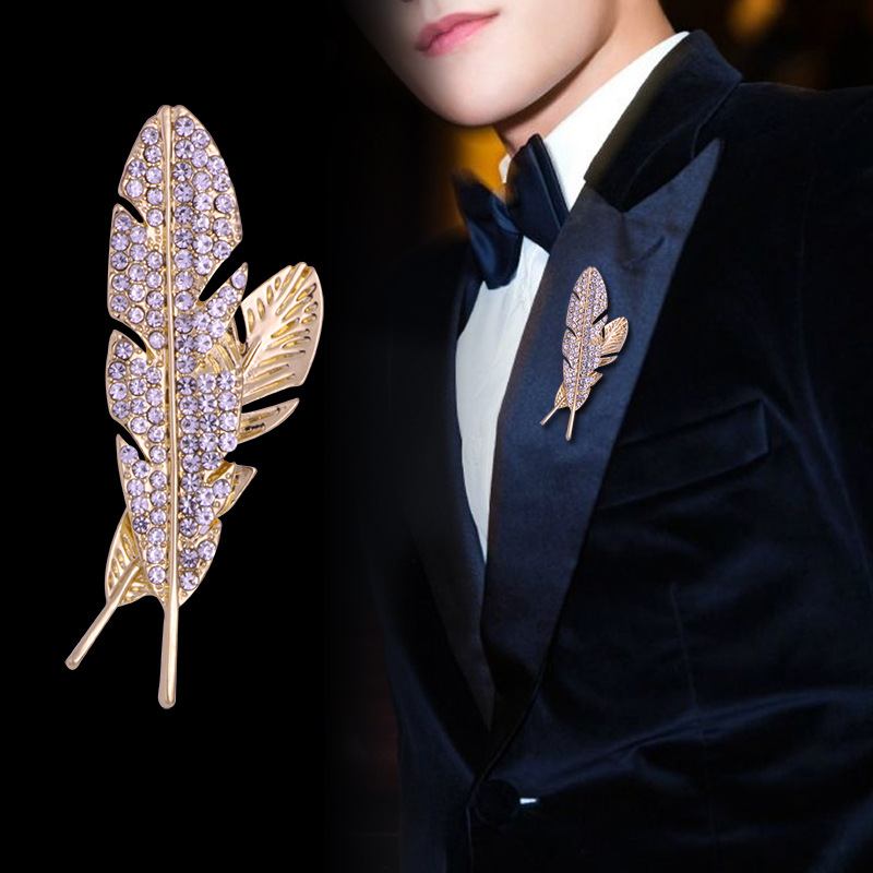 European American Style Fashionable And Elegant Full-diamond Hollow Feather Brooch, Classic Men's Brooch For Coat_voghion.com
