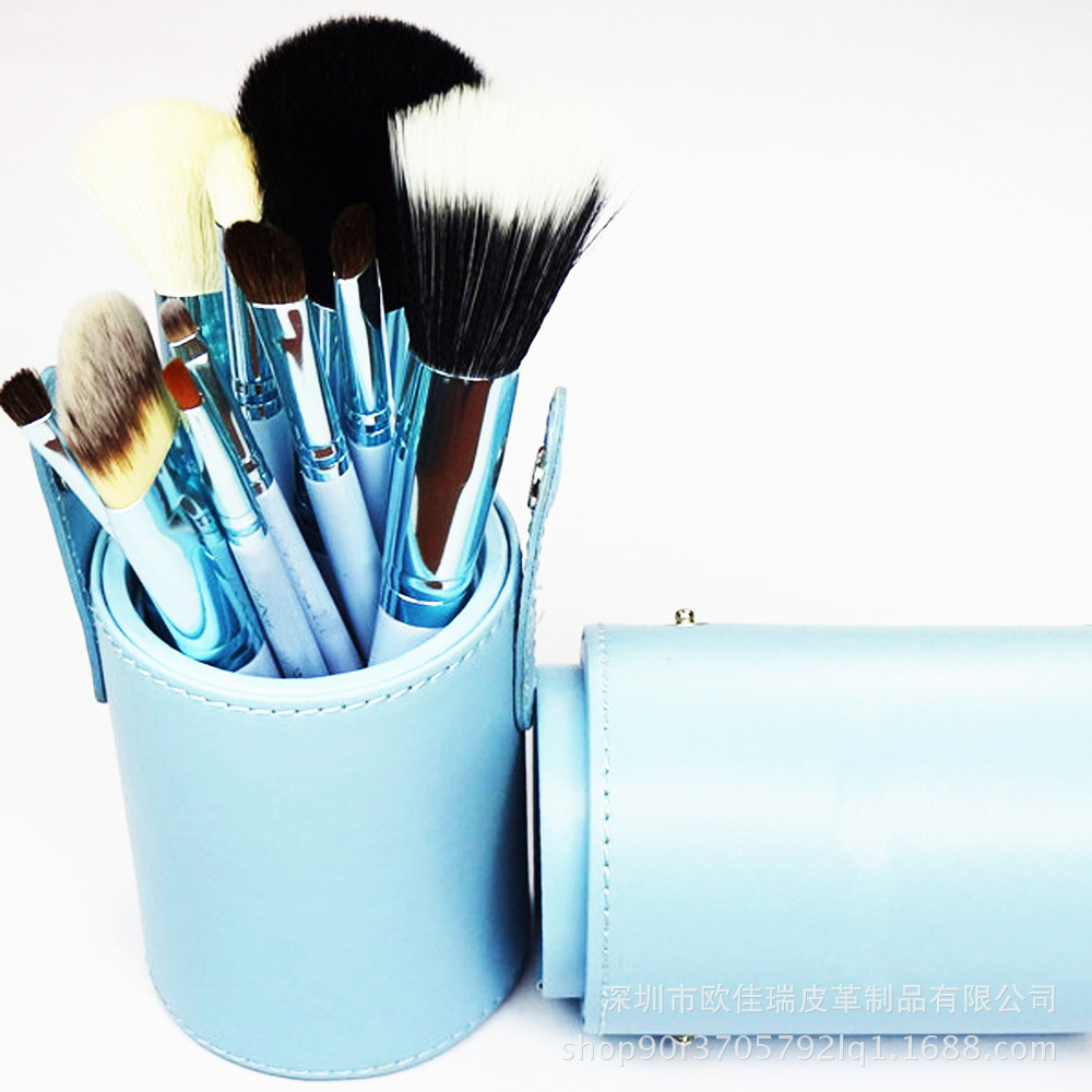 蓝色化妆收纳桶  大号PU专业彩妆工具收纳圆筒   美妆工具包