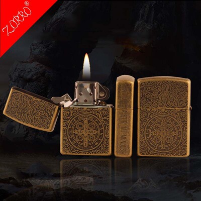 三面康斯坦丁纹青铜外壳白钢蚀刻精雕工艺佐罗煤油打火机批发|ms