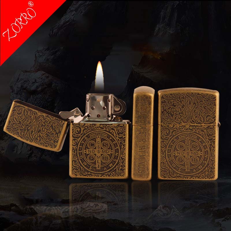 三面康斯坦丁纹青铜外壳白钢蚀刻精雕工艺佐罗煤油打火机批发|ms
