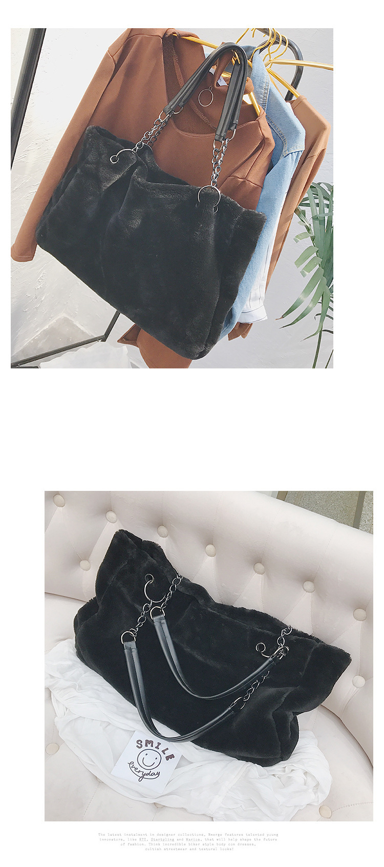331g Weight Polyester Lining Material Zipper Closure Type Plush Material Solid Color Pattern Vintage Style Style Square Shape Grey, White, Red, Black Color Large Size New Plush   Fashion Plush Big  Shoulder Bags 6