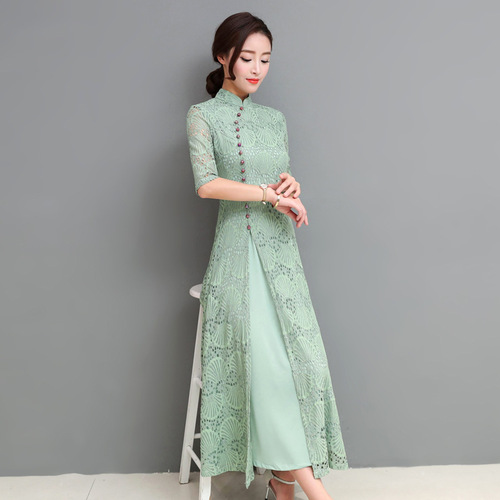 Red green silver lace chinese dress oriental qipao for women cheongsam dress Chinese style improved daily cheongsam