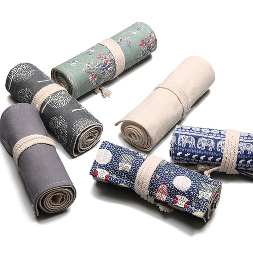 Handmade canvas pen curtain 12/24/36/48/72 holes large-capacity pencil bag for boys and girls colored lead sketch pencil case