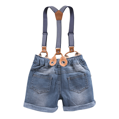 2024 foreign trade children's suit European and American handsome boy's blue striped shirt denim overalls suit factory direct approval