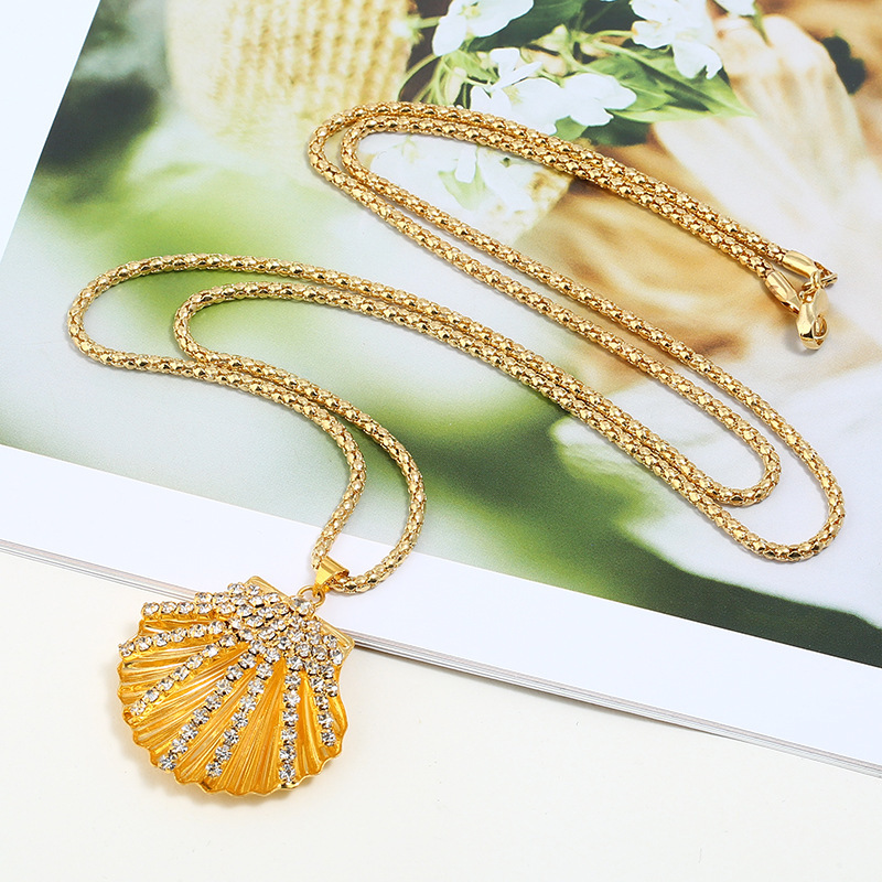 Fashion simple exquisite metal fan shell rhinestone long necklace sexy sweet sweater chain
