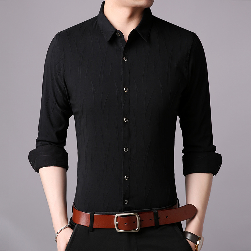 聚堡鹿秋季男式新款商务轻奢衬衫 青年纯色波浪图案衬衣一件代发