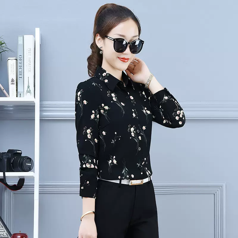 新款雪纺衫女 长袖上衣2021春夏装大码女装 宽松显瘦黑色打底衫