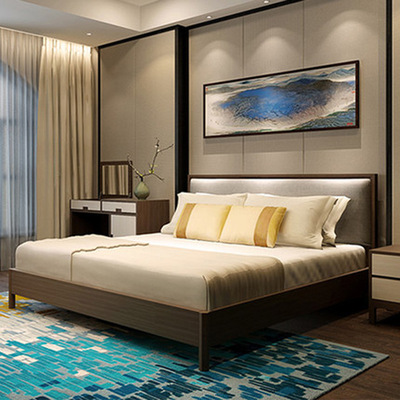 现代新中式实木床简约双人大床婚床别墅会所样板房间卧室家具定做|ru