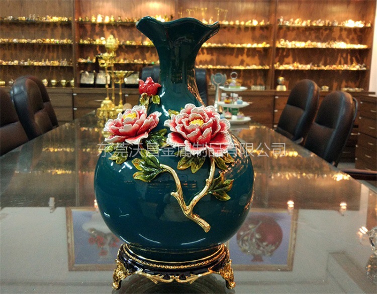 精品陶瓷工艺品 金属珐琅彩镶钻牡丹花瓶礼品摆件定制