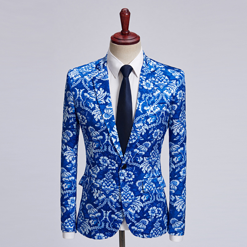  Men's jazz dance singers choir stage performance blazers blue Floral printed gown bridegroom photos shooting coat  model show Photo studio host hair stylist flower suit