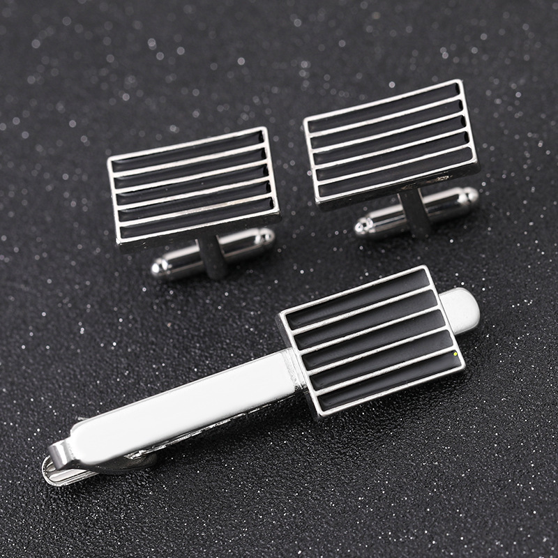 Cross-border New European And American Fashion Personality Men&#39;s French Business Shirt Black Striped Tie Clip Cufflinks Accessories display picture 4