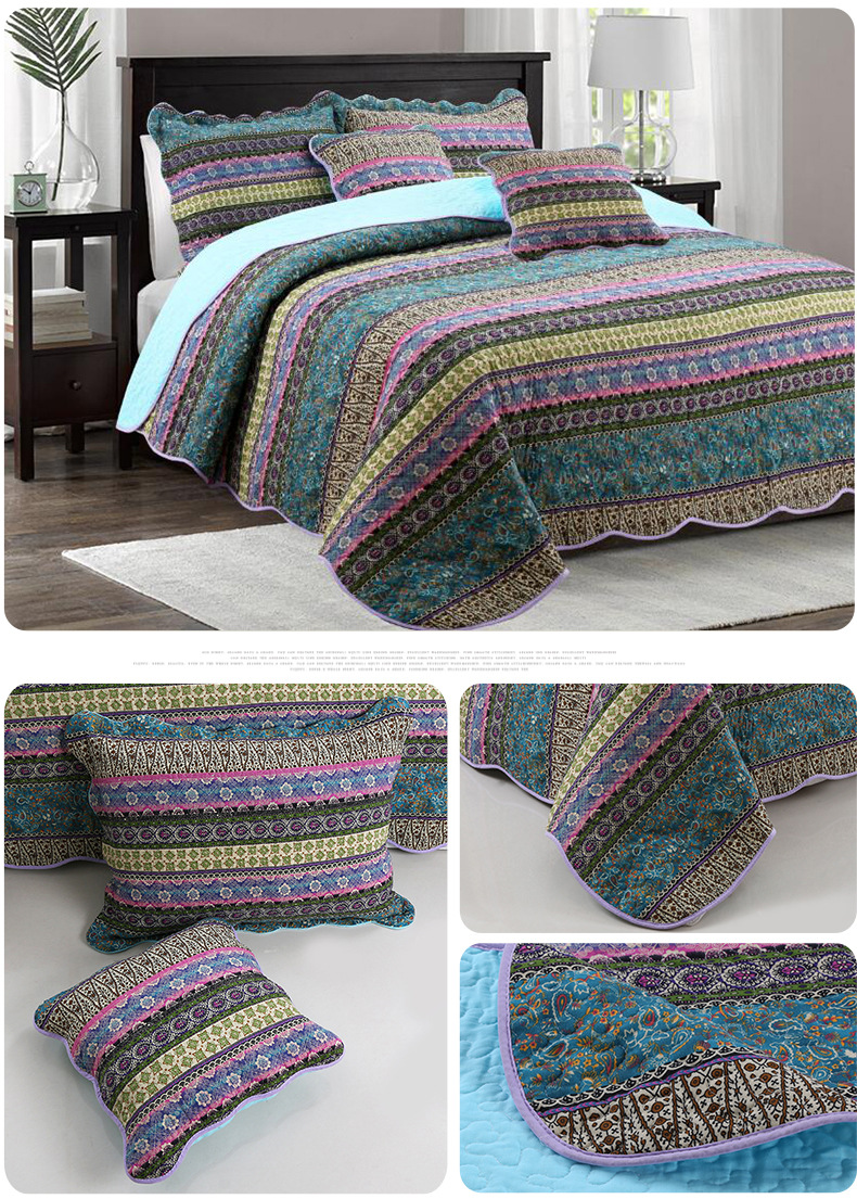 Quilted Bedspread Striped Cotton Three Piece Bedding Set_voghion.com